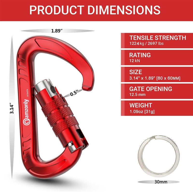 Amzonly 3inch Auto Locking Carabiner Clips Heavy Duty, 12KN /2697lbs Lightweight keychain carabiners, Sturdy Twist Lock Caribeeners for Camping Hiking Hammock Swing Backpack, dog leash and Harness etc - Image 3